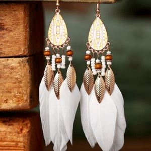 Boho Feather Beaded Earrings Gold Toned